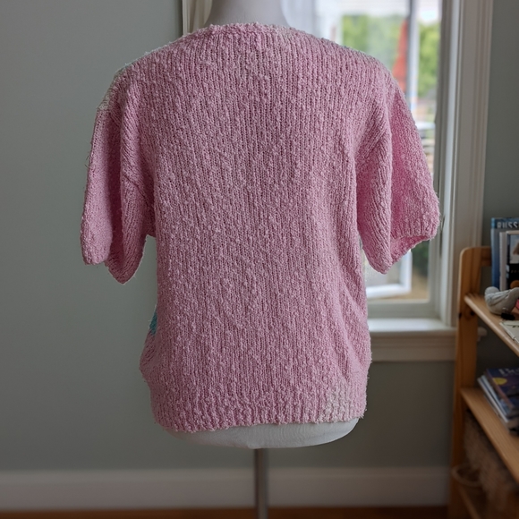 Vintage 1980s Pink Blue Short Sleeve Sweater Geometric Abstract Pastel Retro VTG - Picture 2 of 3